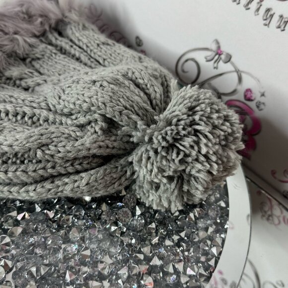 Hat trapper Gray Knit Pom Pom Hat rabbit Fur Trim main image 5